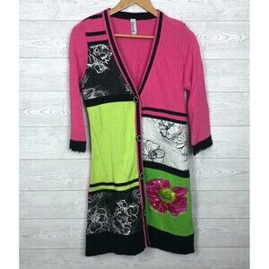 Berserk Women's Small Duster Cardigan Sweater Button Front Flowers Colorful